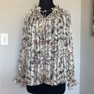 H&M Blouse Cream Floral Boho Romantic Long Sleeve Blouse Top Size 6